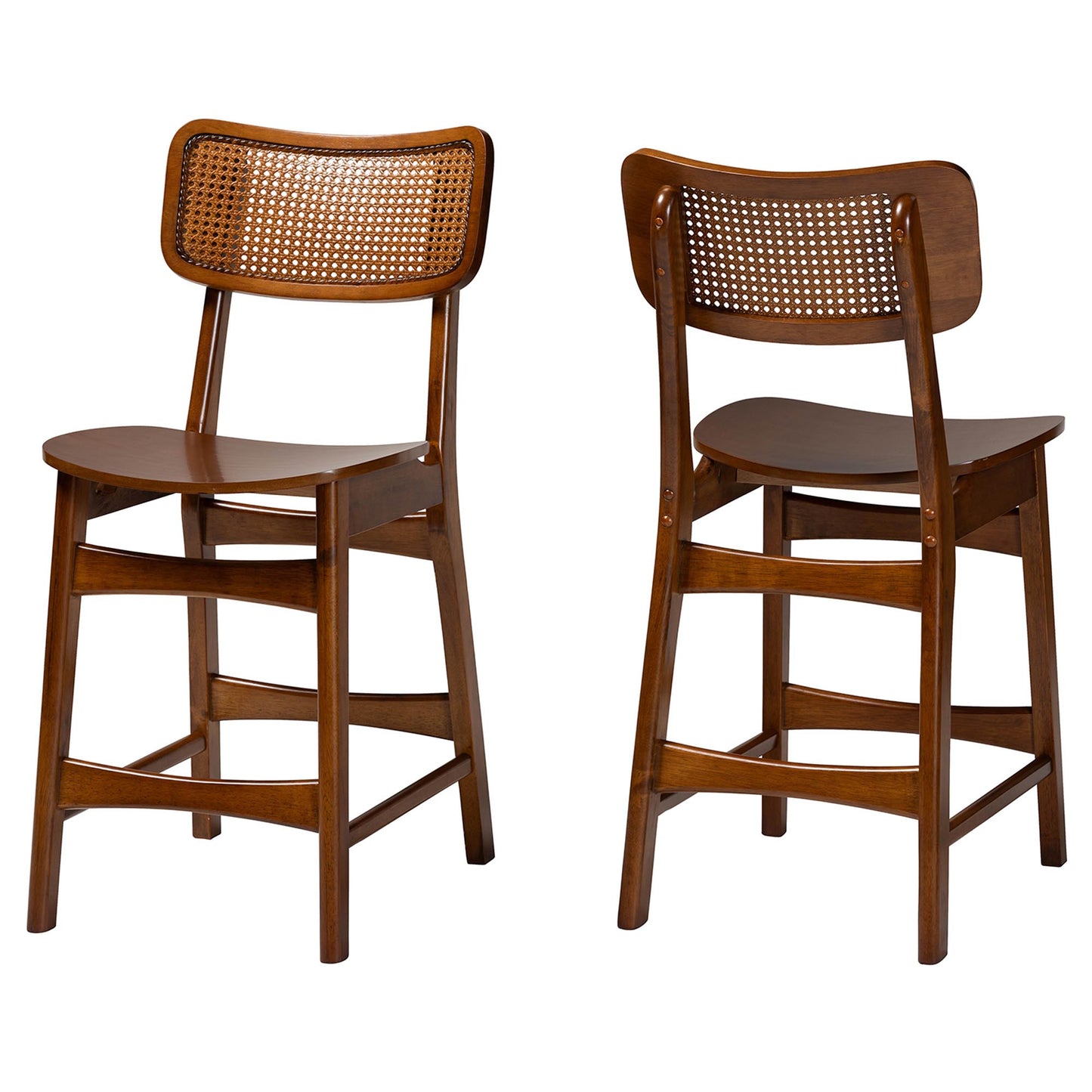 Baxton Studio Tafari Mid-Century Modern Walnut Brown Finished Wood and Rattan 2-Piece Counter Stool Set | Counter Stools | Modishstore - 2