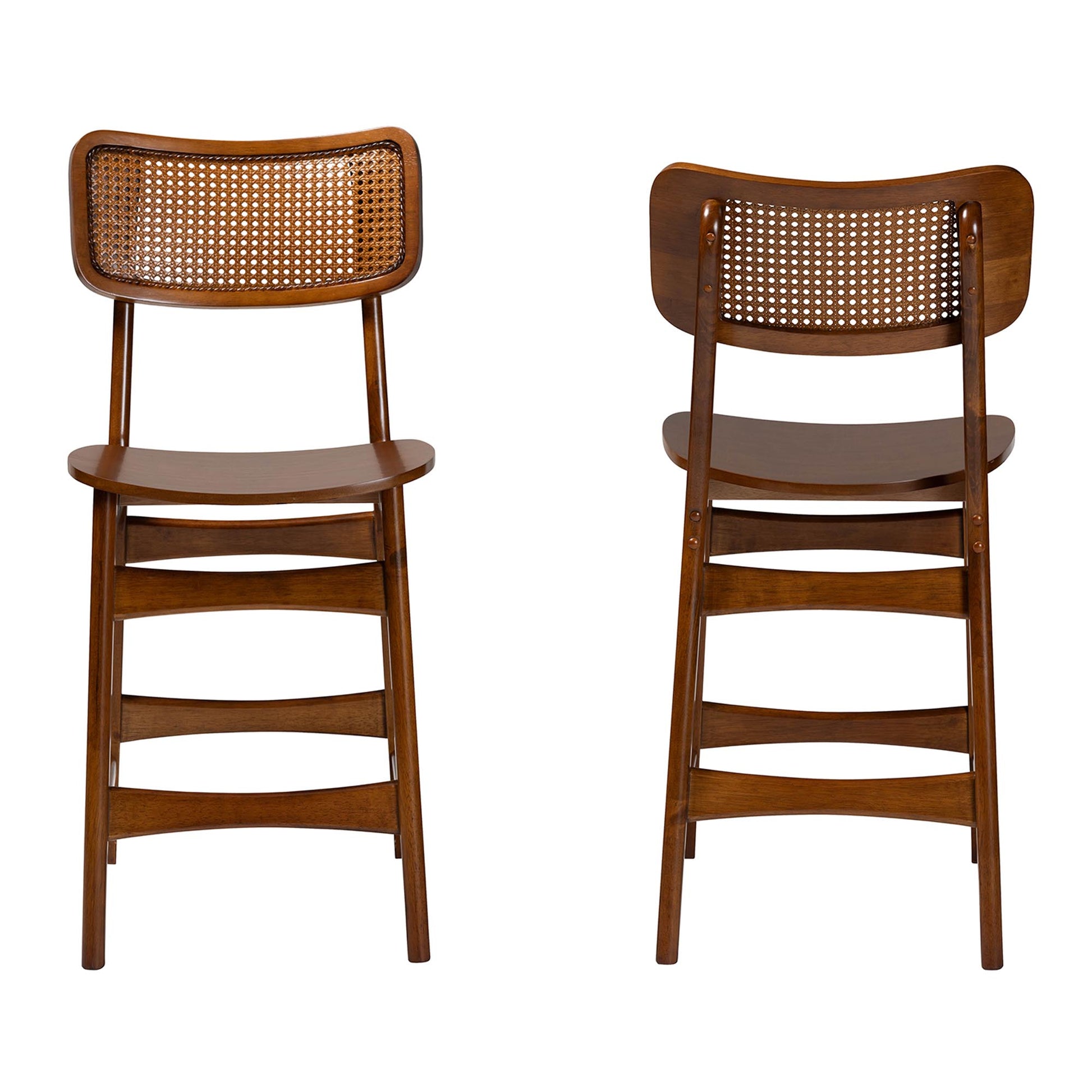 Baxton Studio Tafari Mid-Century Modern Walnut Brown Finished Wood and Rattan 2-Piece Counter Stool Set | Counter Stools | Modishstore - 3