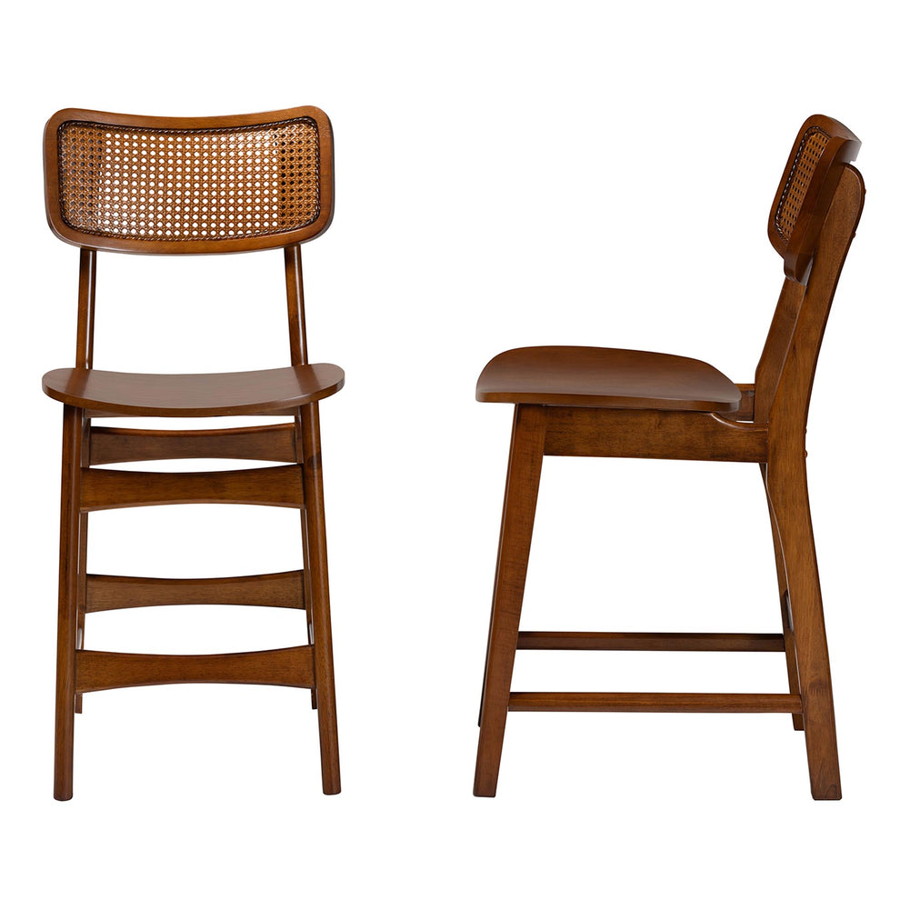 Baxton Studio Tafari Mid-Century Modern Walnut Brown Finished Wood and Rattan 2-Piece Counter Stool Set | Counter Stools | Modishstore - 4