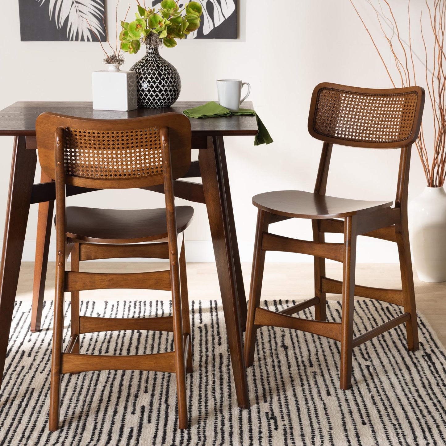 Baxton Studio Tafari Mid-Century Modern Walnut Brown Finished Wood and Rattan 2-Piece Counter Stool Set | Counter Stools | Modishstore