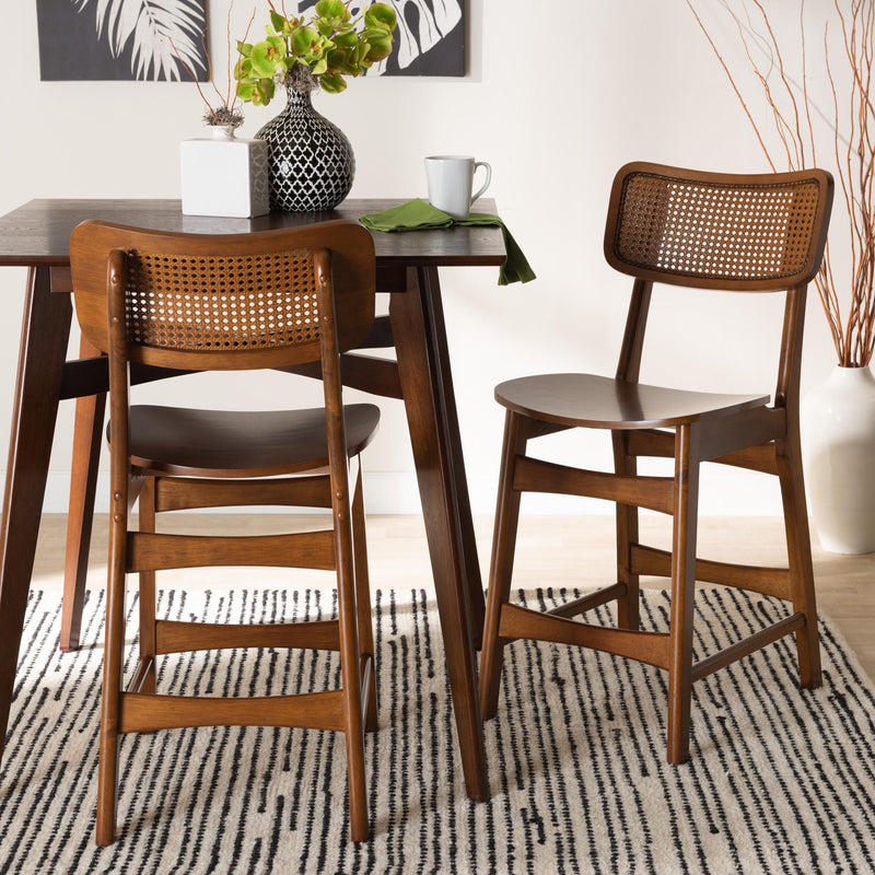 Baxton Studio Tafari Mid-Century Modern Walnut Brown Finished Wood and Rattan 2-Piece Counter Stool Set | Counter Stools | Modishstore