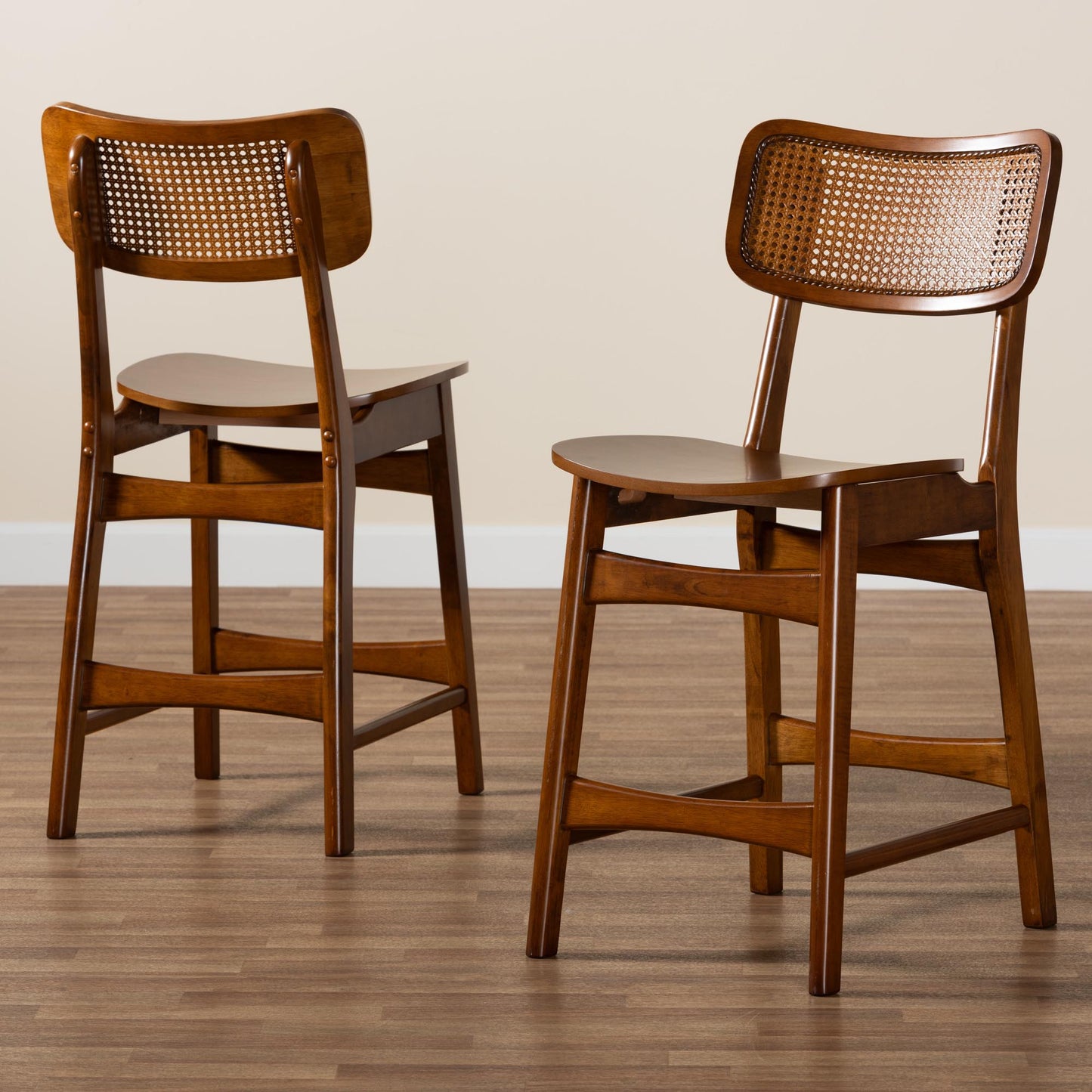 Baxton Studio Tafari Mid-Century Modern Walnut Brown Finished Wood and Rattan 2-Piece Counter Stool Set | Counter Stools | Modishstore - 9