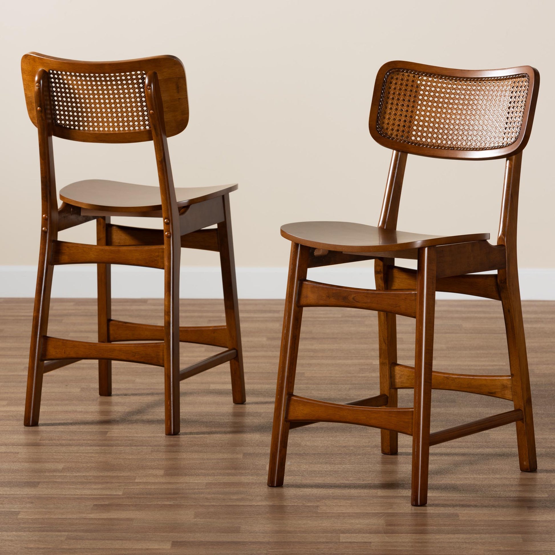 Baxton Studio Tafari Mid-Century Modern Walnut Brown Finished Wood and Rattan 2-Piece Counter Stool Set | Counter Stools | Modishstore - 9