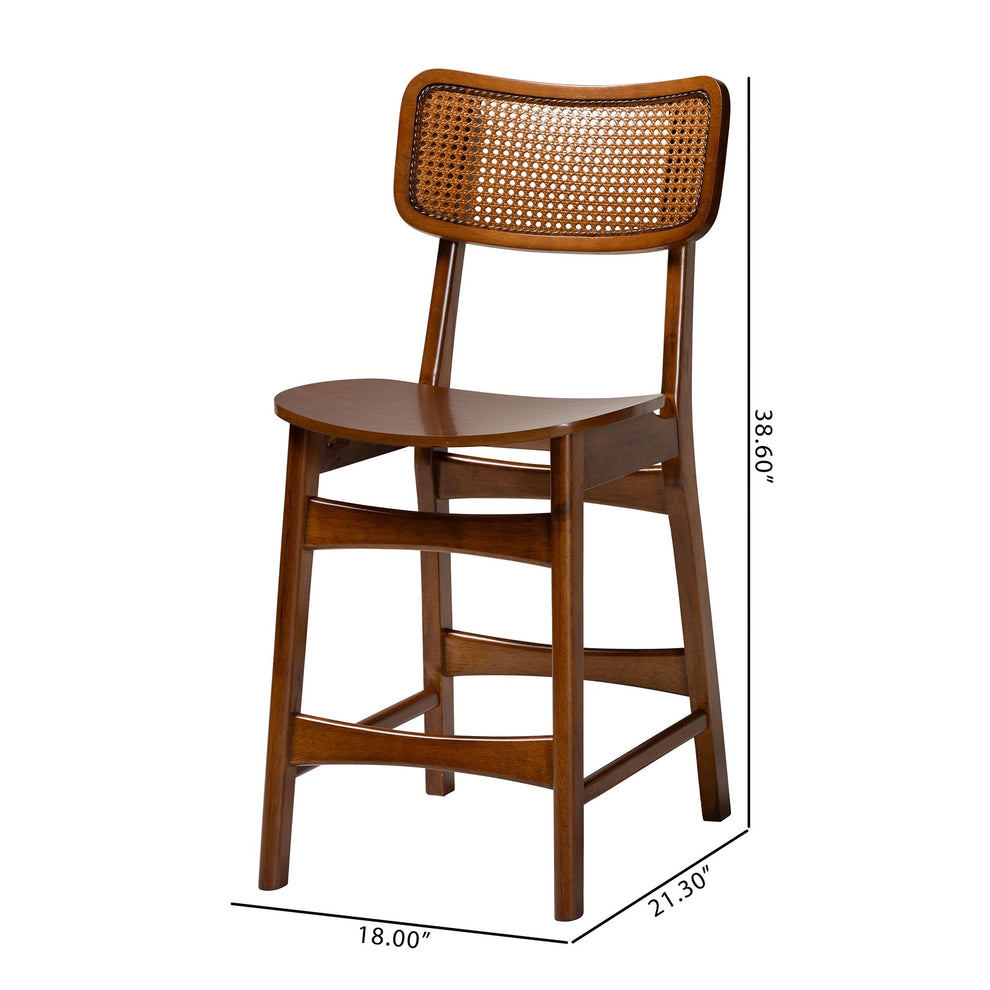 Baxton Studio Tafari Mid-Century Modern Walnut Brown Finished Wood and Rattan 2-Piece Counter Stool Set | Counter Stools | Modishstore - 8