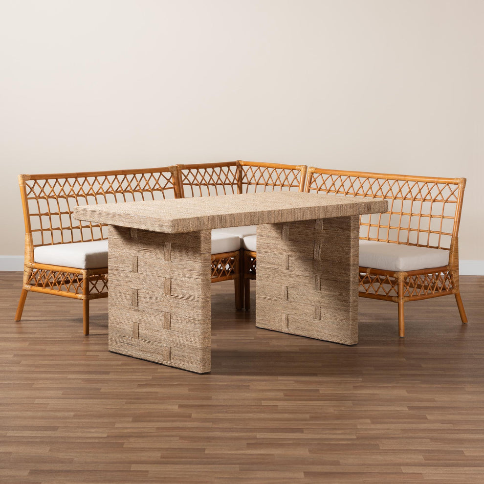 Baxton Studio bali & pari Abella Modern Bohemian Honey Rattan 4-Piece Dining Nook Set | Sofa Set | Modishstore - 3