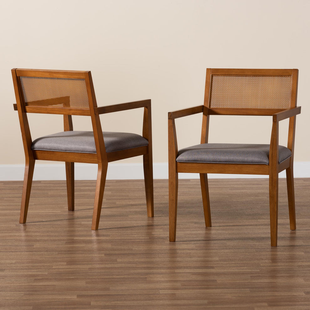 Baxton Studio Emilia Modern Japandi Grey Fabric and Walnut Brown Finished Wood 2-Piece Arm Chair Set with Woven Rattan | Accent Chairs | Modishstore - 9