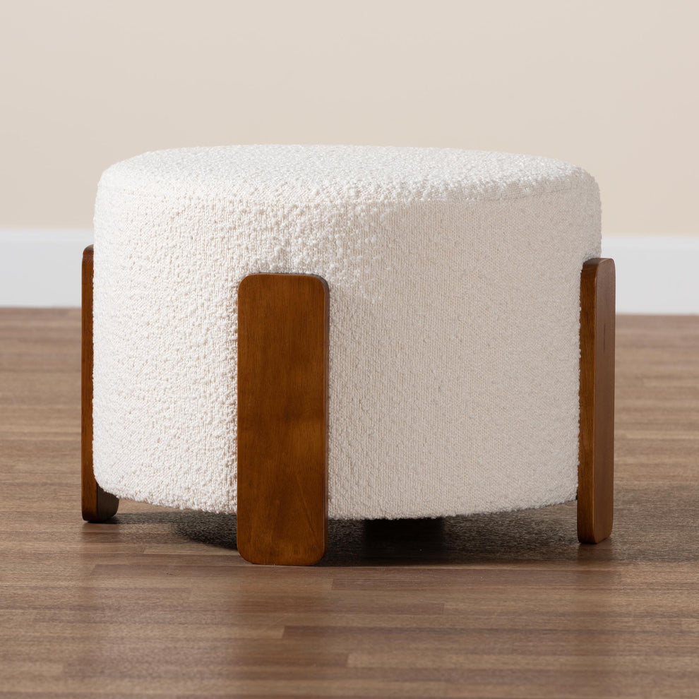 Baxton Studio Finlay Modern Japandi Cream Boucle Fabric and Walnut Brown Finished Wood Ottoman Footstool | Ottomans | Modishstore - 6