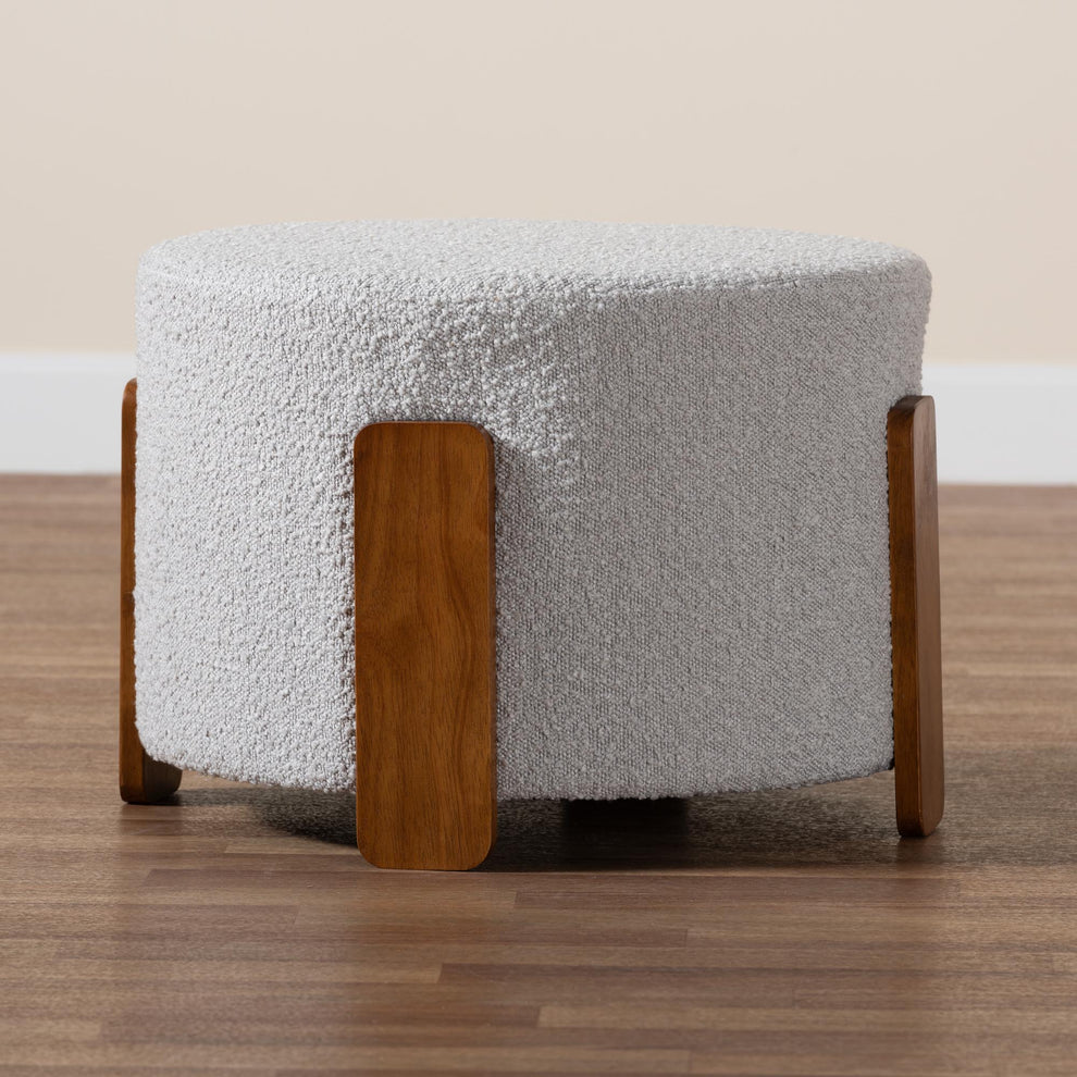 Baxton Studio Finlay Modern Japandi Light Grey Boucle Fabric and Walnut Brown Finished Wood Ottoman Footstool | Ottomans | Modishstore - 6