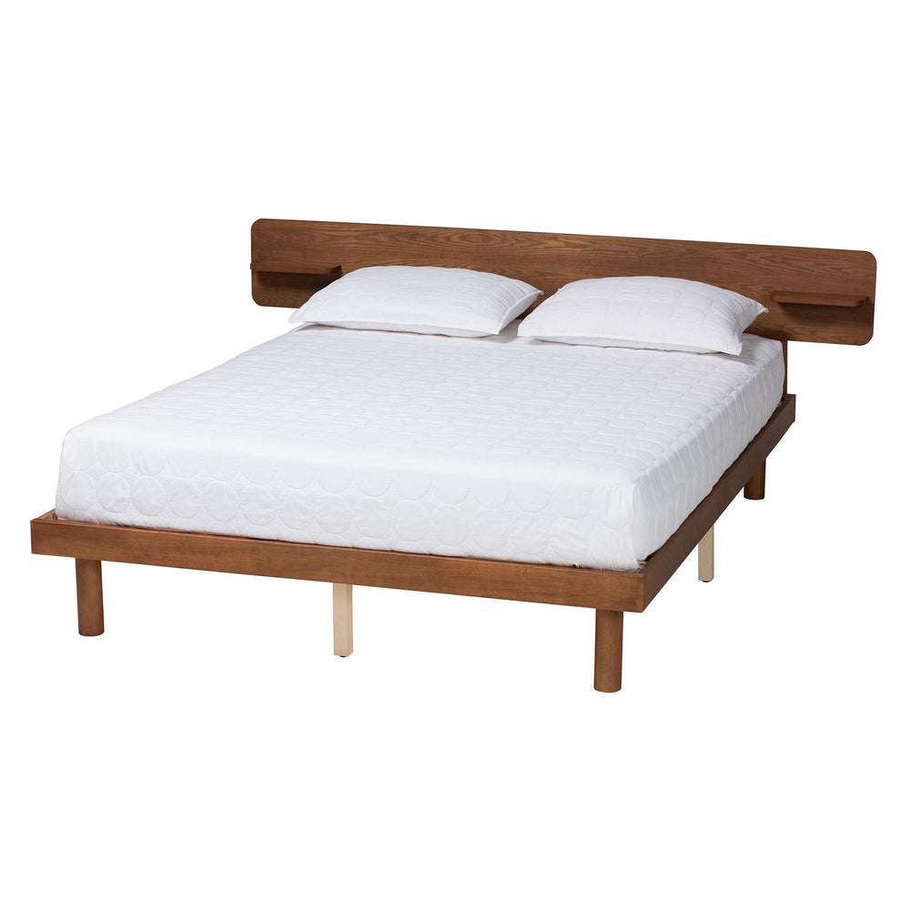Baxton Studio Morana Mid-Century Modern Walnut Brown Finished Wood Queen Size Platform Bed with Built-in Shelf | Beds | Modishstore - 2