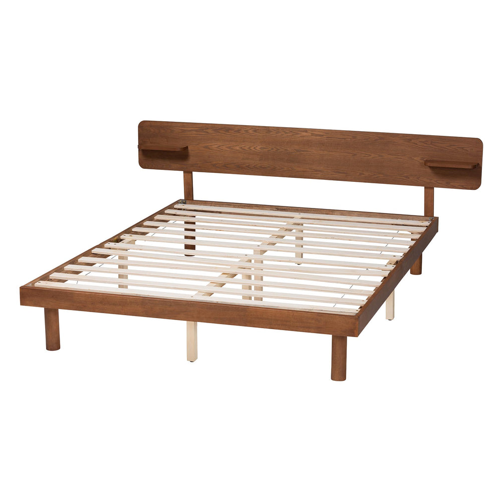 Baxton Studio Morana Mid-Century Modern Walnut Brown Finished Wood Queen Size Platform Bed with Built-in Shelf | Beds | Modishstore - 4
