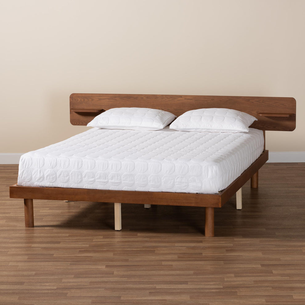 Baxton Studio Morana Mid-Century Modern Walnut Brown Finished Wood Queen Size Platform Bed with Built-in Shelf | Beds | Modishstore - 9