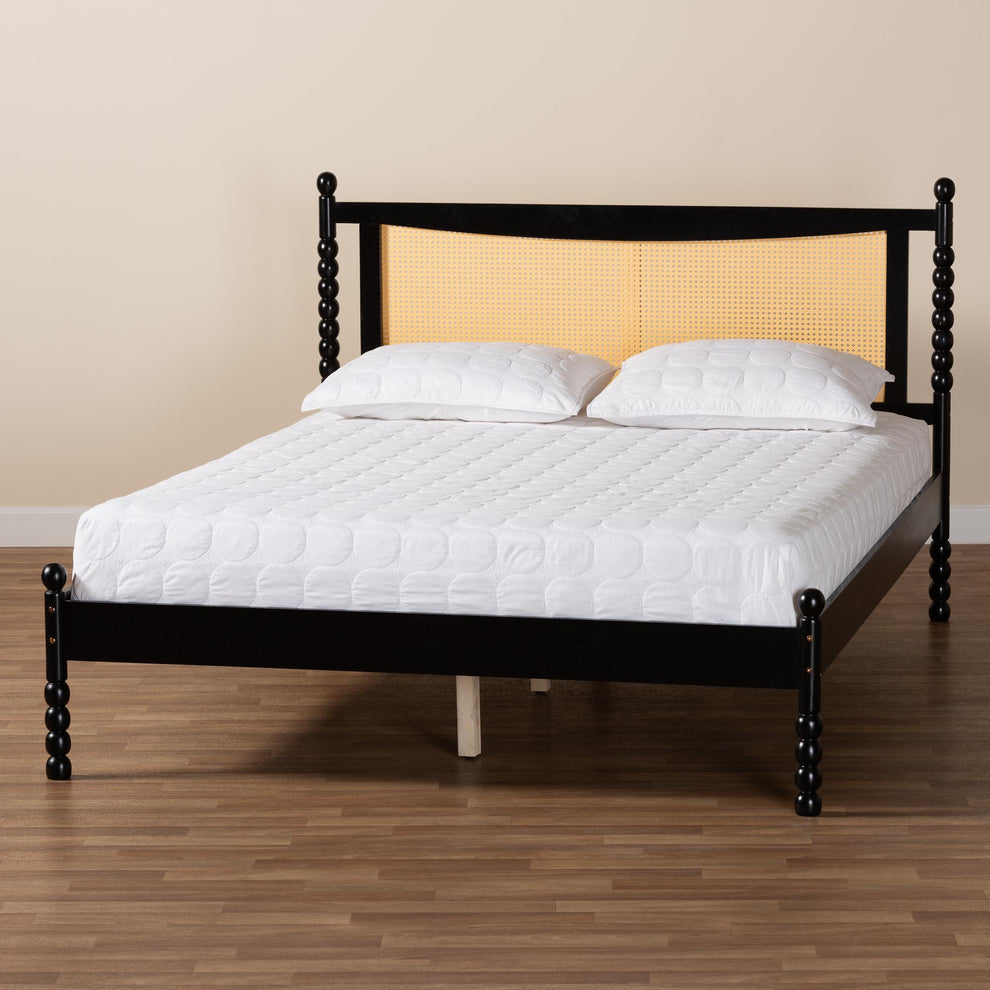 Baxton Studio Okena Mid-Century Modern Black Wood Queen Size Platform Bed with Woven Rattan | Beds | Modishstore - 9