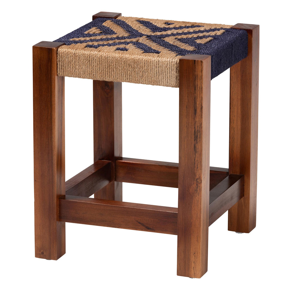 Baxton Studio bali & pari Prunella Modern Bohemian Two-Tone Navy Blue and Natural Brown Seagrass and Acacia Wood Footstool | Ottomans | Modishstore - 2
