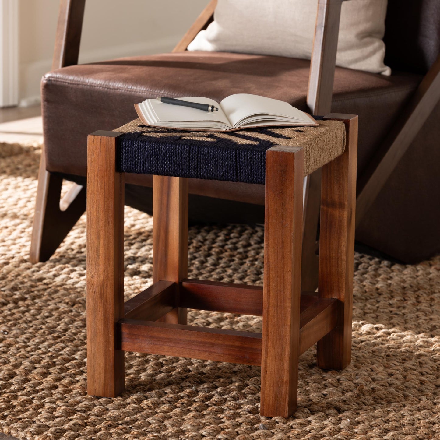 Baxton Studio bali & pari Prunella Modern Bohemian Two-Tone Navy Blue and Natural Brown Seagrass and Acacia Wood Footstool | Ottomans | Modishstore