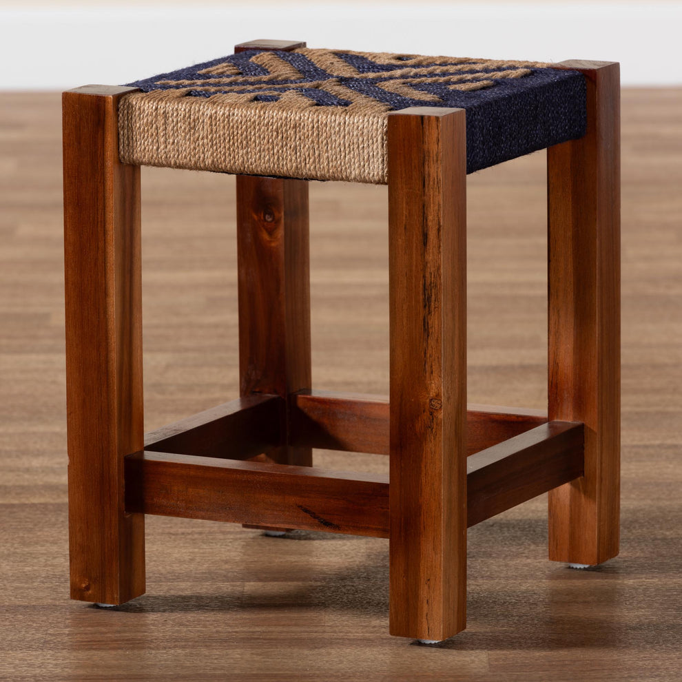 Baxton Studio bali & pari Prunella Modern Bohemian Two-Tone Navy Blue and Natural Brown Seagrass and Acacia Wood Footstool | Ottomans | Modishstore - 9