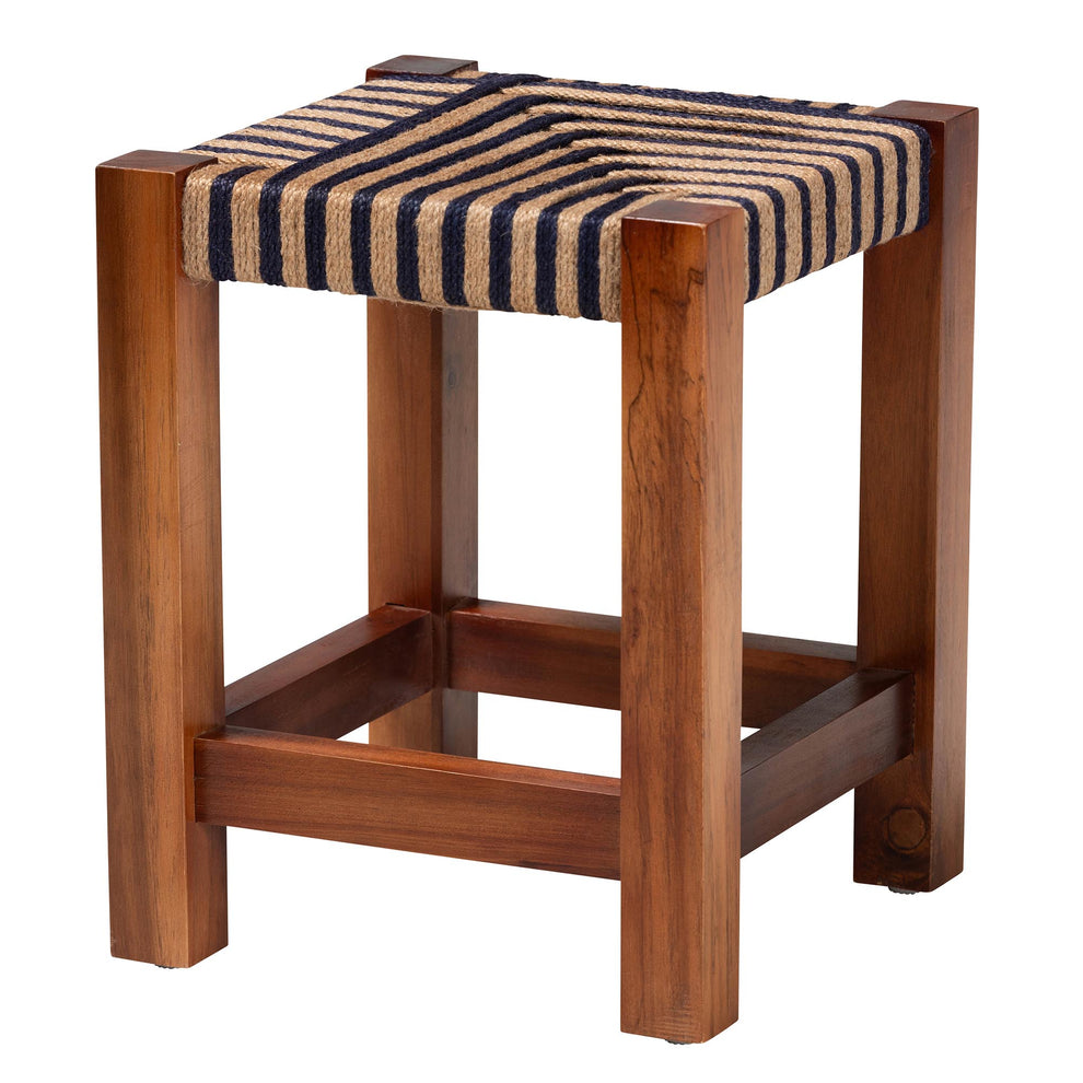 Baxton Studio bali & pari Kailas Modern Bohemian Two-Tone Navy Blue and Natural Brown Seagrass and Natural Brown Acacia Wood Footstool | Ottomans | Modishstore - 2