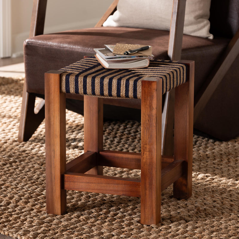 Baxton Studio bali & pari Kailas Modern Bohemian Two-Tone Navy Blue and Natural Brown Seagrass and Natural Brown Acacia Wood Footstool | Ottomans | Modishstore