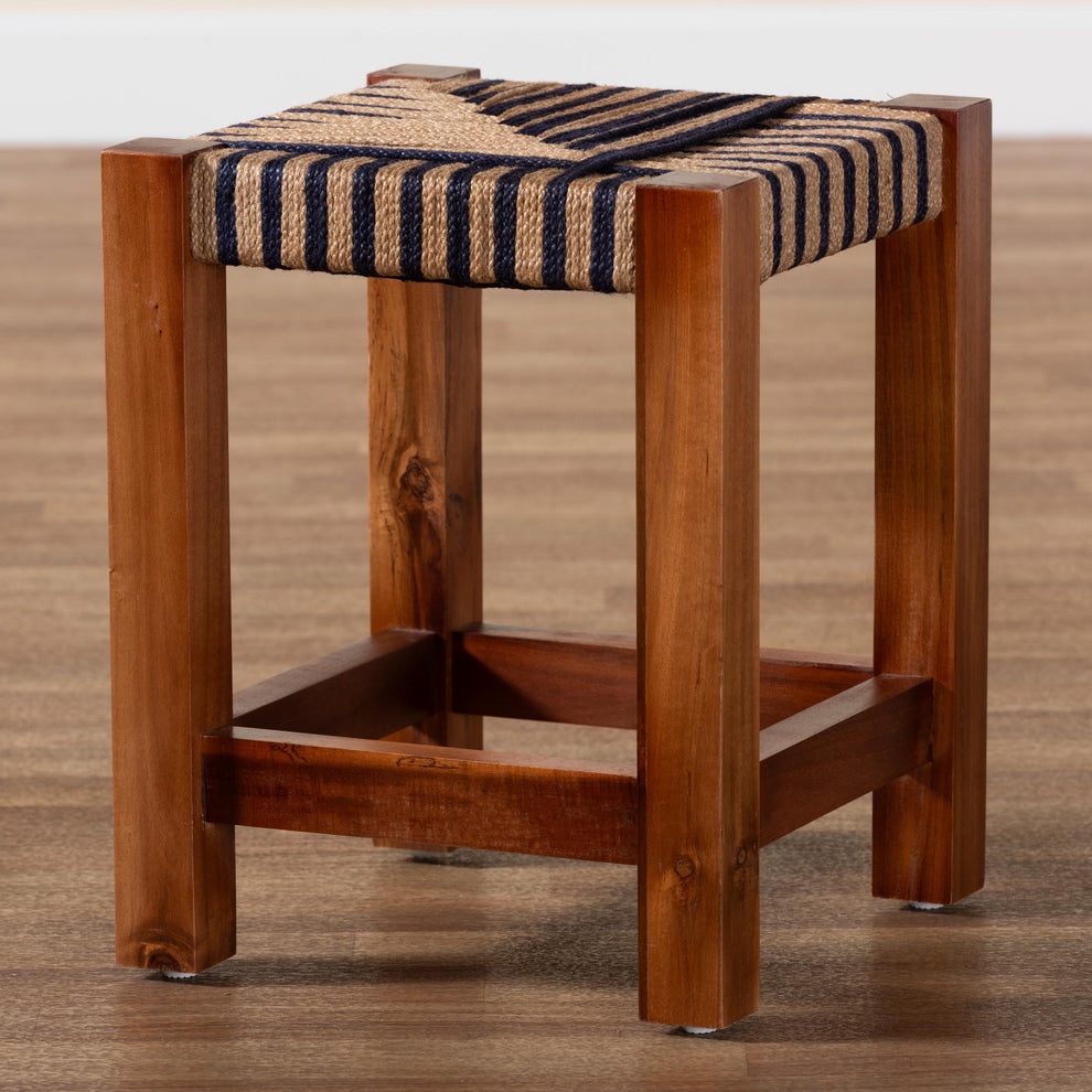 Baxton Studio bali & pari Kailas Modern Bohemian Two-Tone Navy Blue and Natural Brown Seagrass and Natural Brown Acacia Wood Footstool | Ottomans | Modishstore - 7