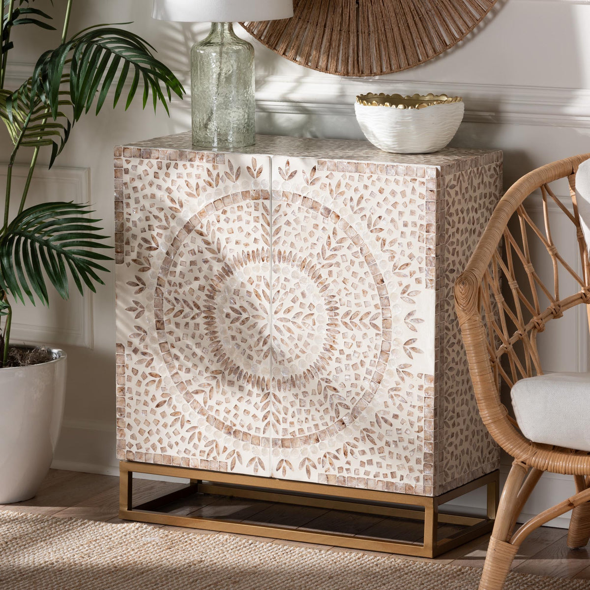 Baxton Studio Ercilia Modern Bohemian White and Rustic Brown Mother of Pearl Storage Cabinet | Cabinets | Modishstore