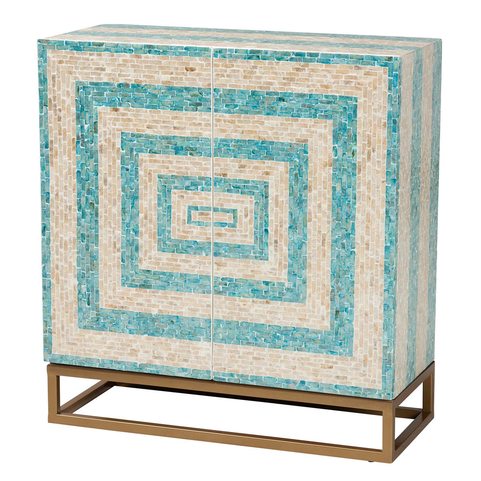 Baxton Studio Utari Modern Bohemian Two-Tone Beige and Blue Mother of Pearl and Gold Metal Storage Cabinet | Cabinets | Modishstore - 4