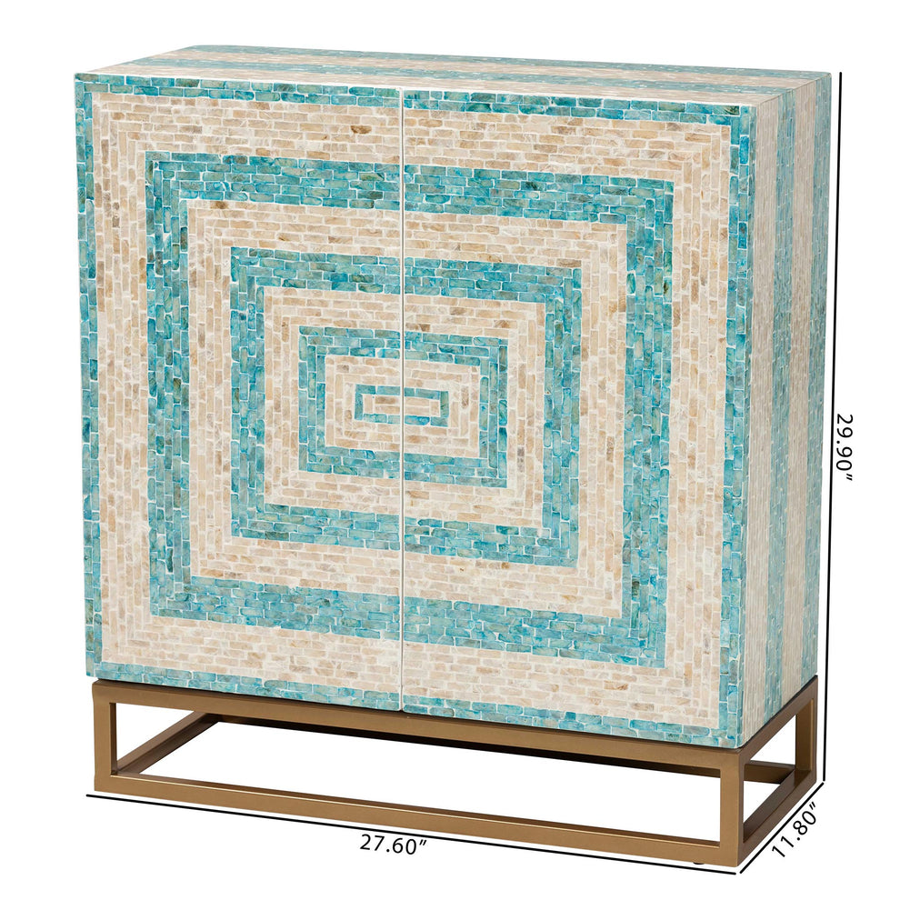 Baxton Studio Utari Modern Bohemian Two-Tone Beige and Blue Mother of Pearl and Gold Metal Storage Cabinet | Cabinets | Modishstore - 3