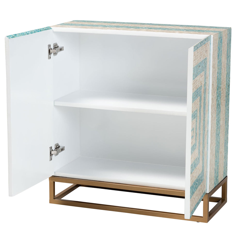 Baxton Studio Utari Modern Bohemian Two-Tone Beige and Blue Mother of Pearl and Gold Metal Storage Cabinet | Cabinets | Modishstore - 5