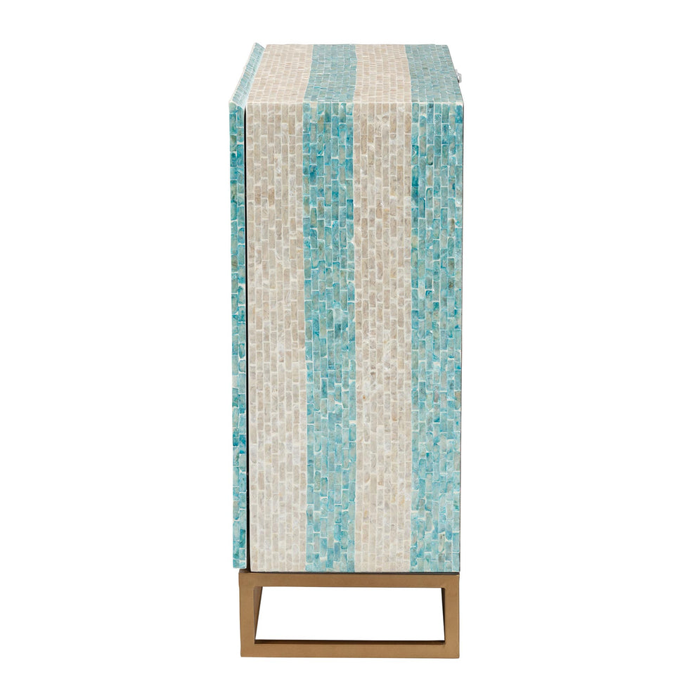 Baxton Studio Utari Modern Bohemian Two-Tone Beige and Blue Mother of Pearl and Gold Metal Storage Cabinet | Cabinets | Modishstore - 7