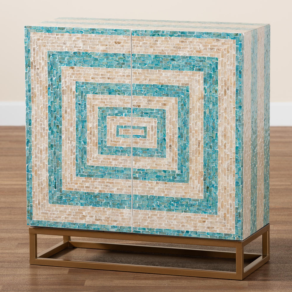 Baxton Studio Utari Modern Bohemian Two-Tone Beige and Blue Mother of Pearl and Gold Metal Storage Cabinet | Cabinets | Modishstore - 2