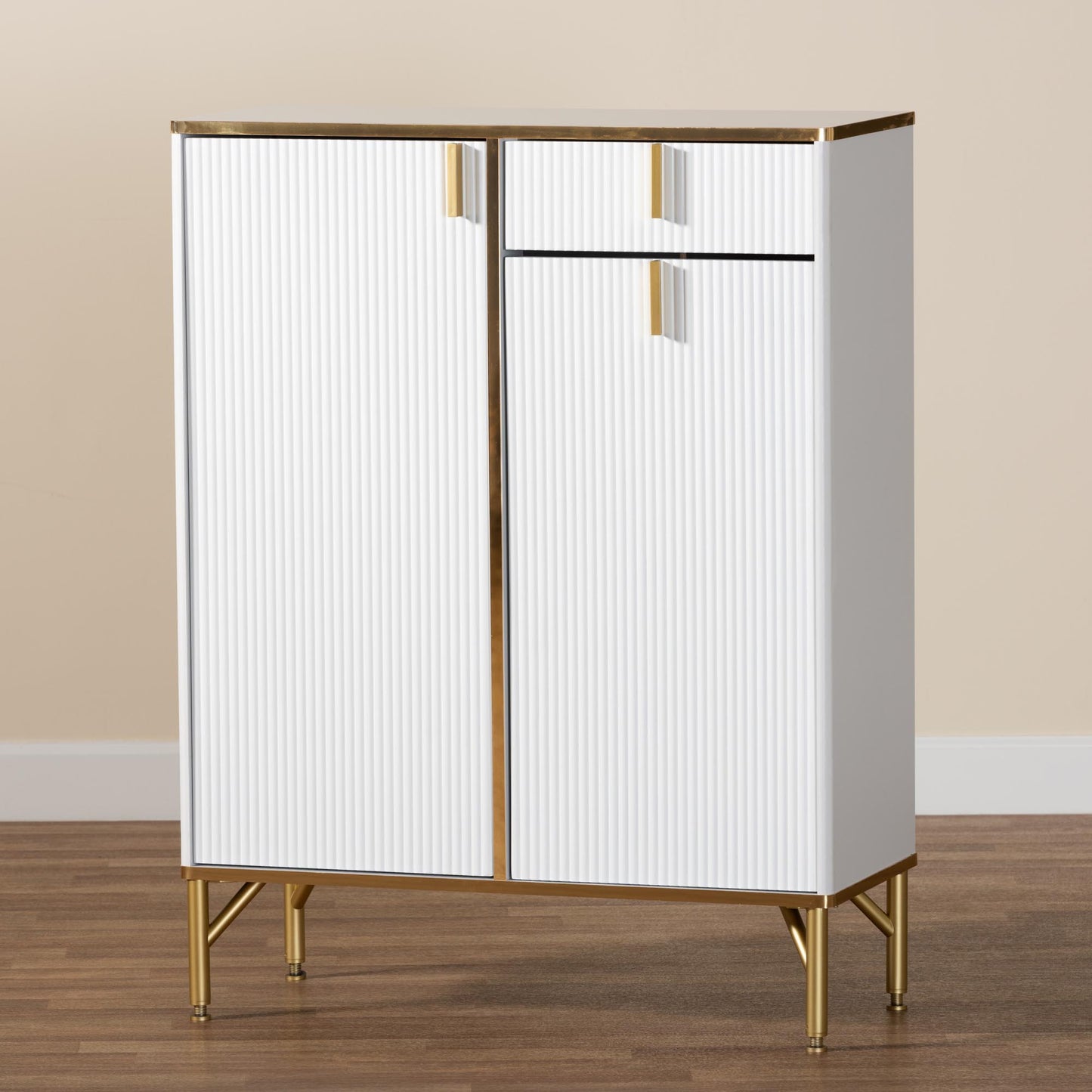 Baxton Studio Lilac Modern Glam White Wood and Gold Metal 2-Door Shoe Cabinet | Cabinets | Modishstore - 10