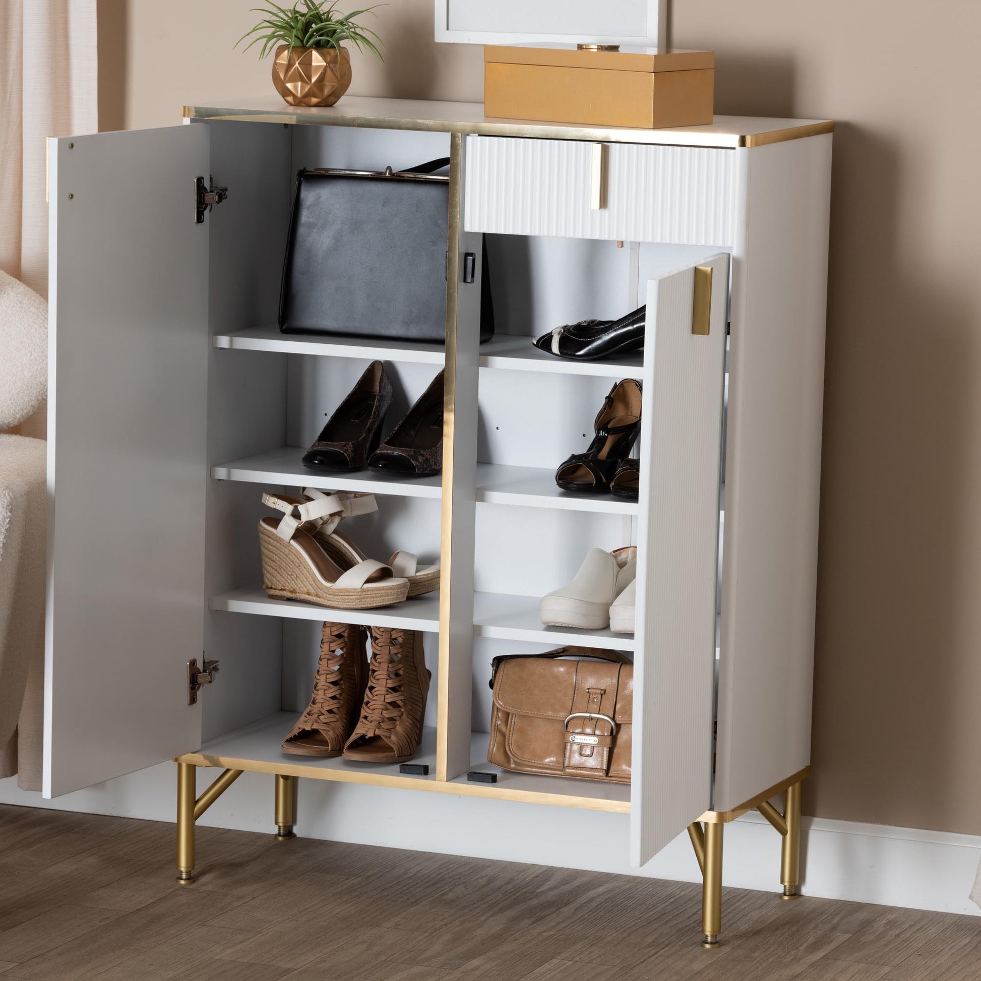 Baxton Studio Lilac Modern Glam White Wood and Gold Metal 2-Door Shoe Cabinet | Cabinets | Modishstore - 9