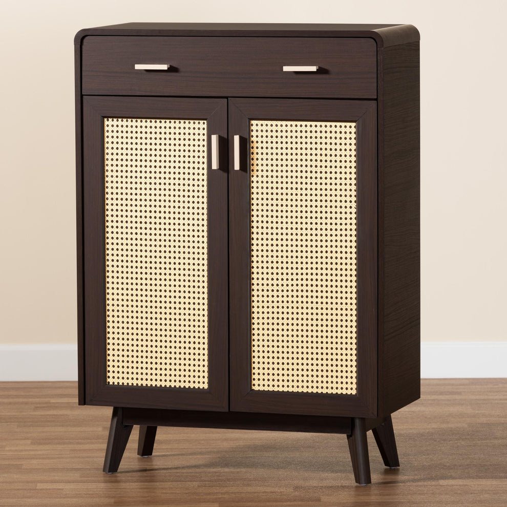 Baxton Studio Giancarlo Mid-Century Modern Espresso Brown Wood 2-Door Shoe Cabinet with Rattan Door | Cabinets | Modishstore - 10