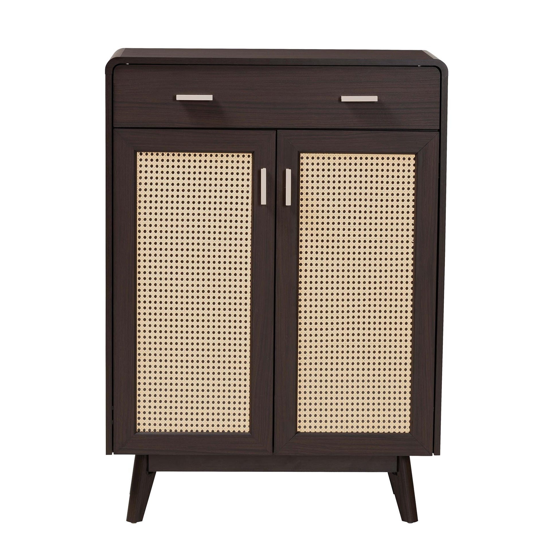 Baxton Studio Giancarlo Mid-Century Modern Espresso Brown Wood 2-Door Shoe Cabinet with Rattan Door | Cabinets | Modishstore - 4