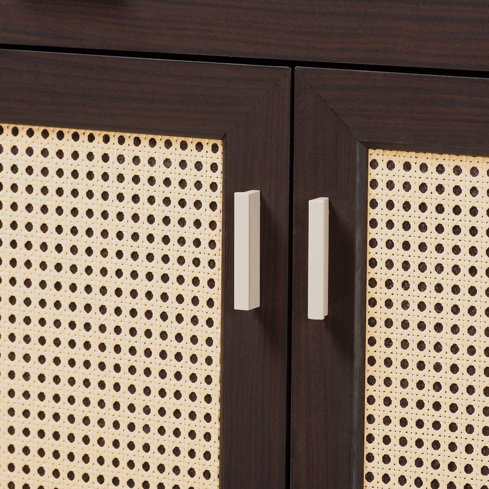 Baxton Studio Giancarlo Mid-Century Modern Espresso Brown Wood 2-Door Shoe Cabinet with Rattan Door | Cabinets | Modishstore - 6