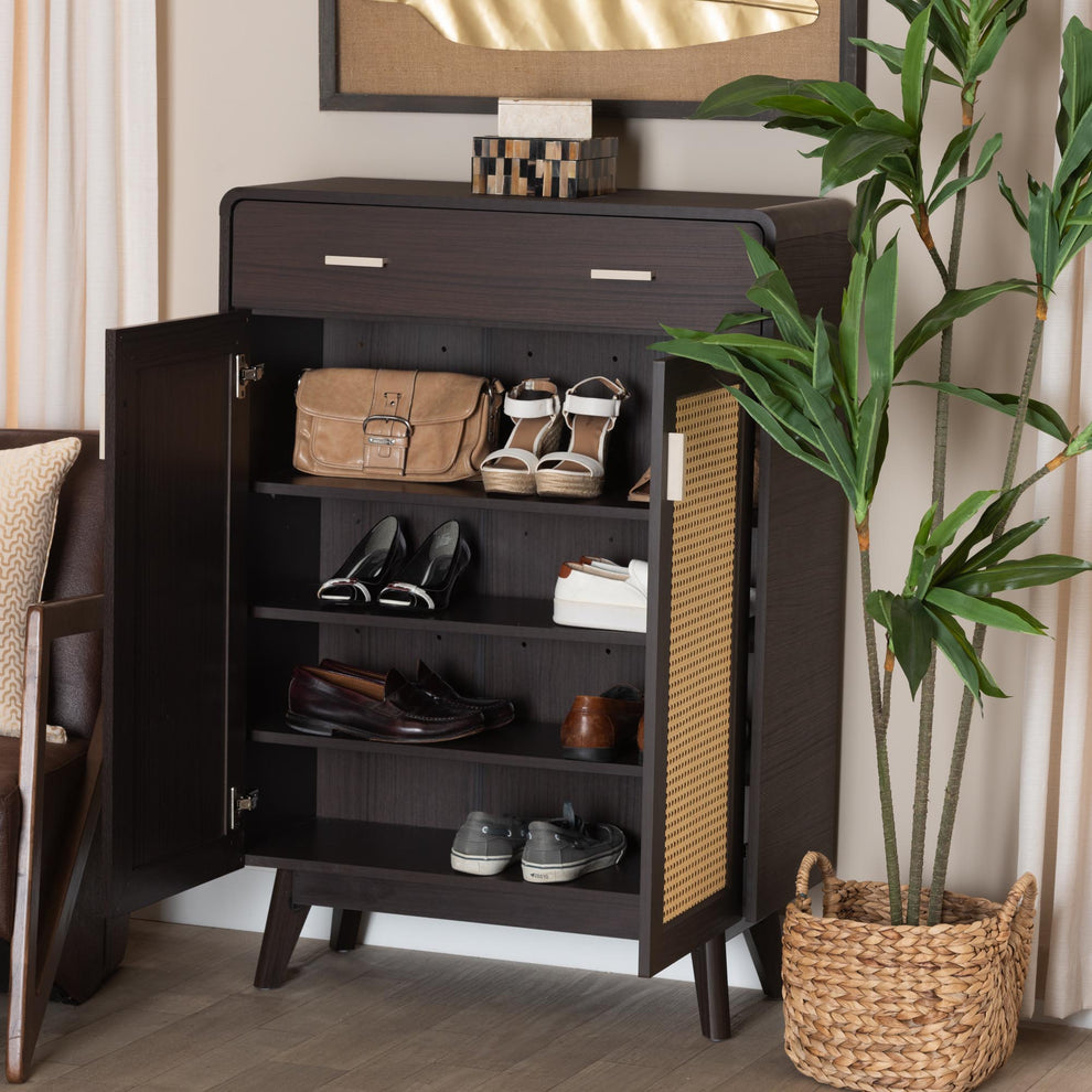 Baxton Studio Giancarlo Mid-Century Modern Espresso Brown Wood 2-Door Shoe Cabinet with Rattan Door | Cabinets | Modishstore - 9
