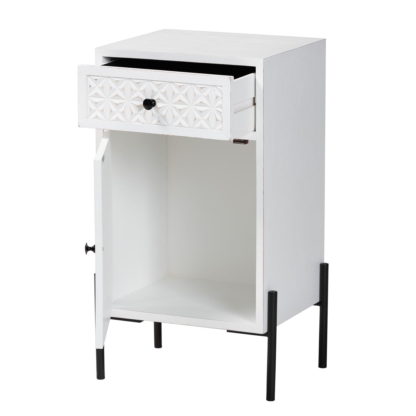 Baxton Studio Nefeli Mid-Century Transitional White Finished Wood and Black Metal 1-Drawer Storage Cabinet | Cabinets | Modishstore - 3