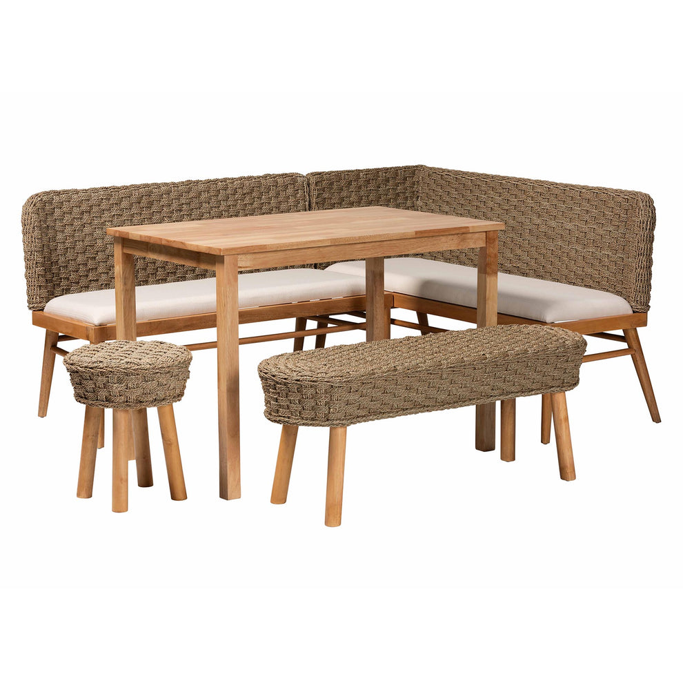 Baxton Studio bali & pari Denver Modern Bohemian Natural Seagrass and Acacia Wood 5-Piece Dining Nook Set | Dining Sets | Modishstore - 5