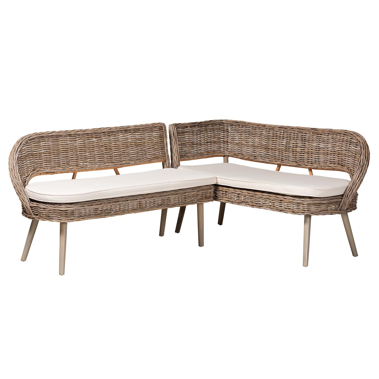 Baxton Studio bali & pari Raisa Modern Bohemian Natural Kubu Rattan and Grey Acacia Wood 2-Piece Dining Nook Banquette Set | Sofa Set | Modishstore - 4