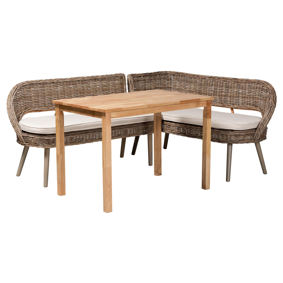 Baxton Studio Raisa Modern Bohemian Natural Kubu Rattan Bench and Wood Table 3-Piece Dining Nook Set | Dining Sets | Modishstore - 5