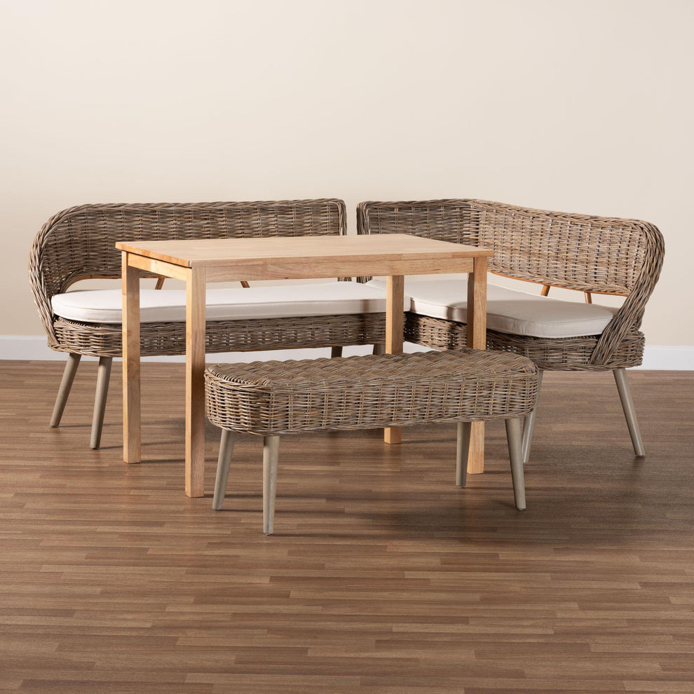 Baxton Studio Raisa Modern Bohemian Natural Kubu Rattan Bench and Wood Table 4-Piece Dining Nook Set | Dining Sets | Modishstore - 4
