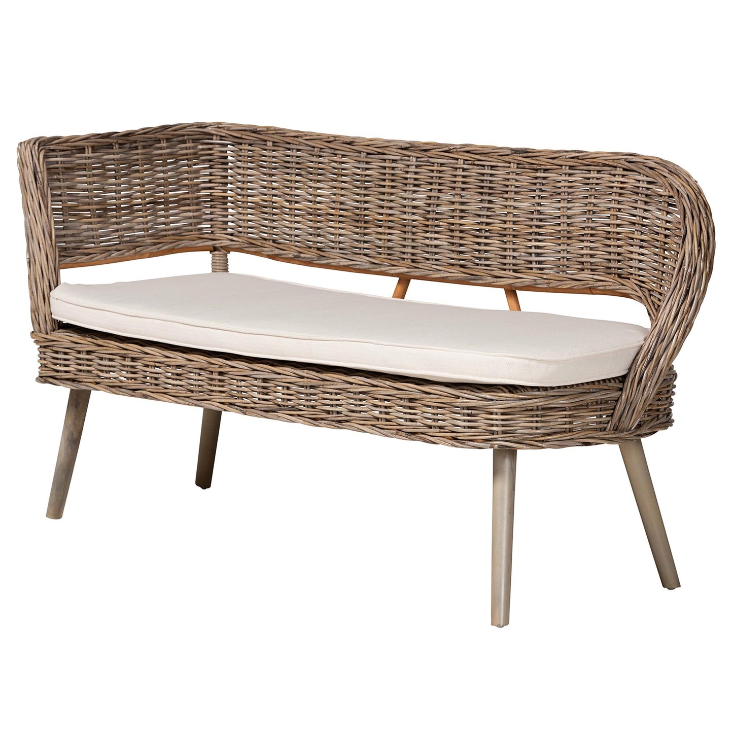 Baxton Studio bali & pari Raisa Modern Bohemian Natural Kubu Rattan and Grey Acacia Wood 2-Piece Dining Nook Banquette Set | Sofa Set | Modishstore - 6