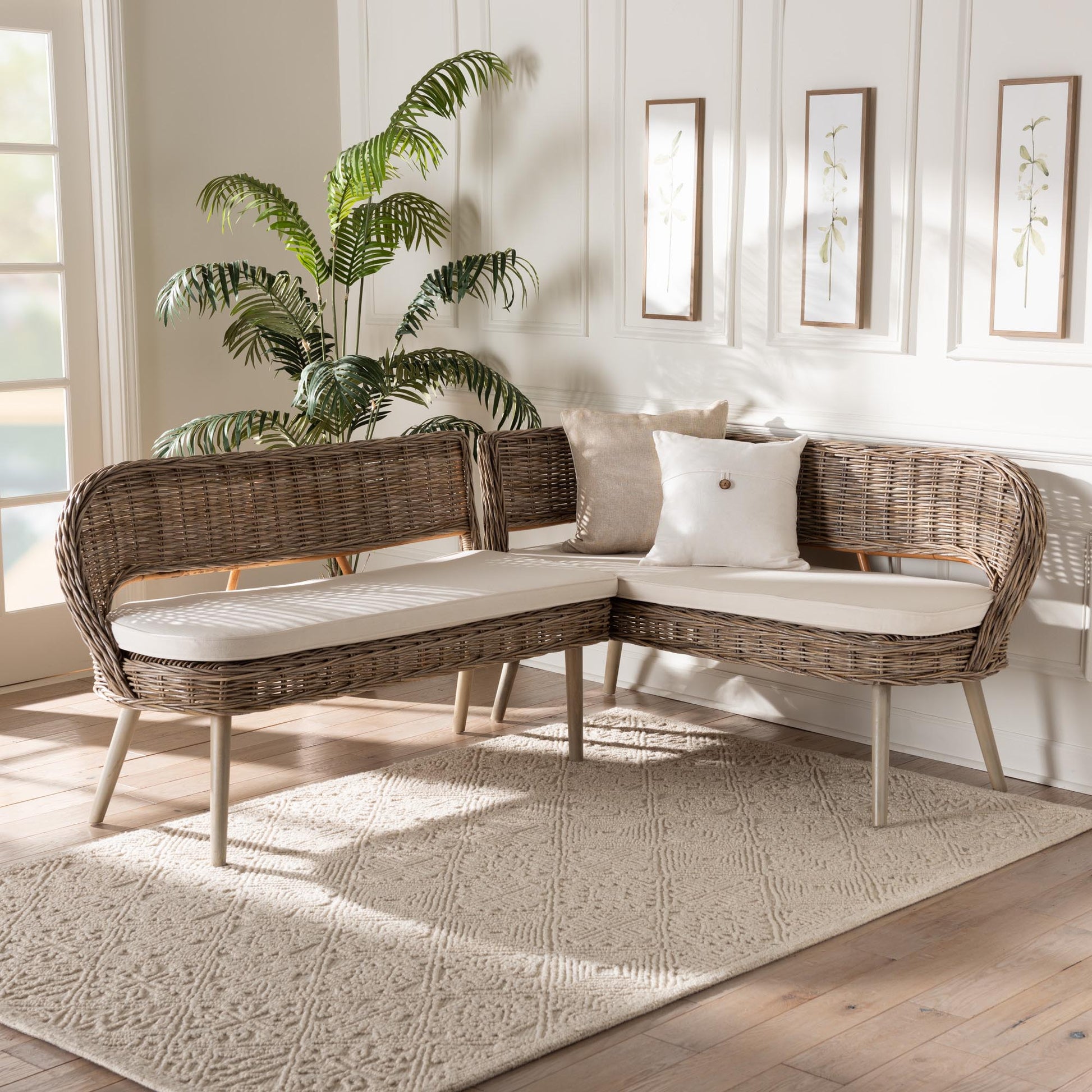 Baxton Studio bali & pari Raisa Modern Bohemian Natural Kubu Rattan and Grey Acacia Wood 2-Piece Dining Nook Banquette Set | Sofa Set | Modishstore