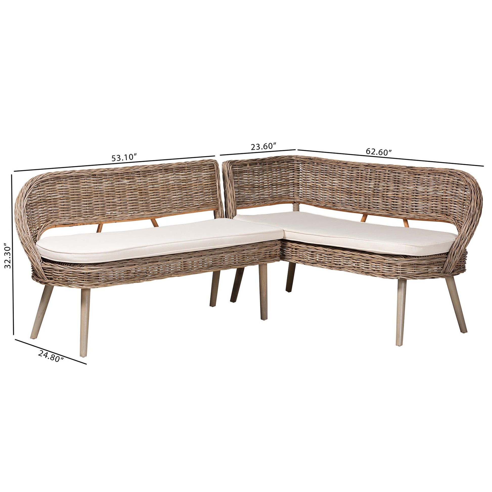 Baxton Studio bali & pari Raisa Modern Bohemian Natural Kubu Rattan and Grey Acacia Wood 2-Piece Dining Nook Banquette Set | Sofa Set | Modishstore - 3