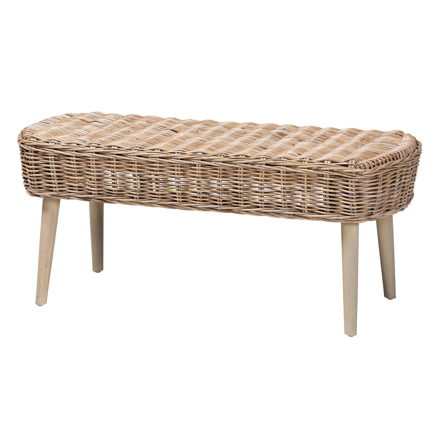 Baxton Studio bali & pari Raisa Modern Bohemian Natural Kubu Rattan and Grey Acacia Wood Accent Bench | Benches | Modishstore - 2