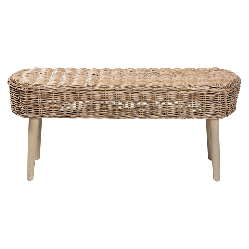 Baxton Studio bali & pari Raisa Modern Bohemian Natural Kubu Rattan and Grey Acacia Wood Accent Bench | Benches | Modishstore - 3