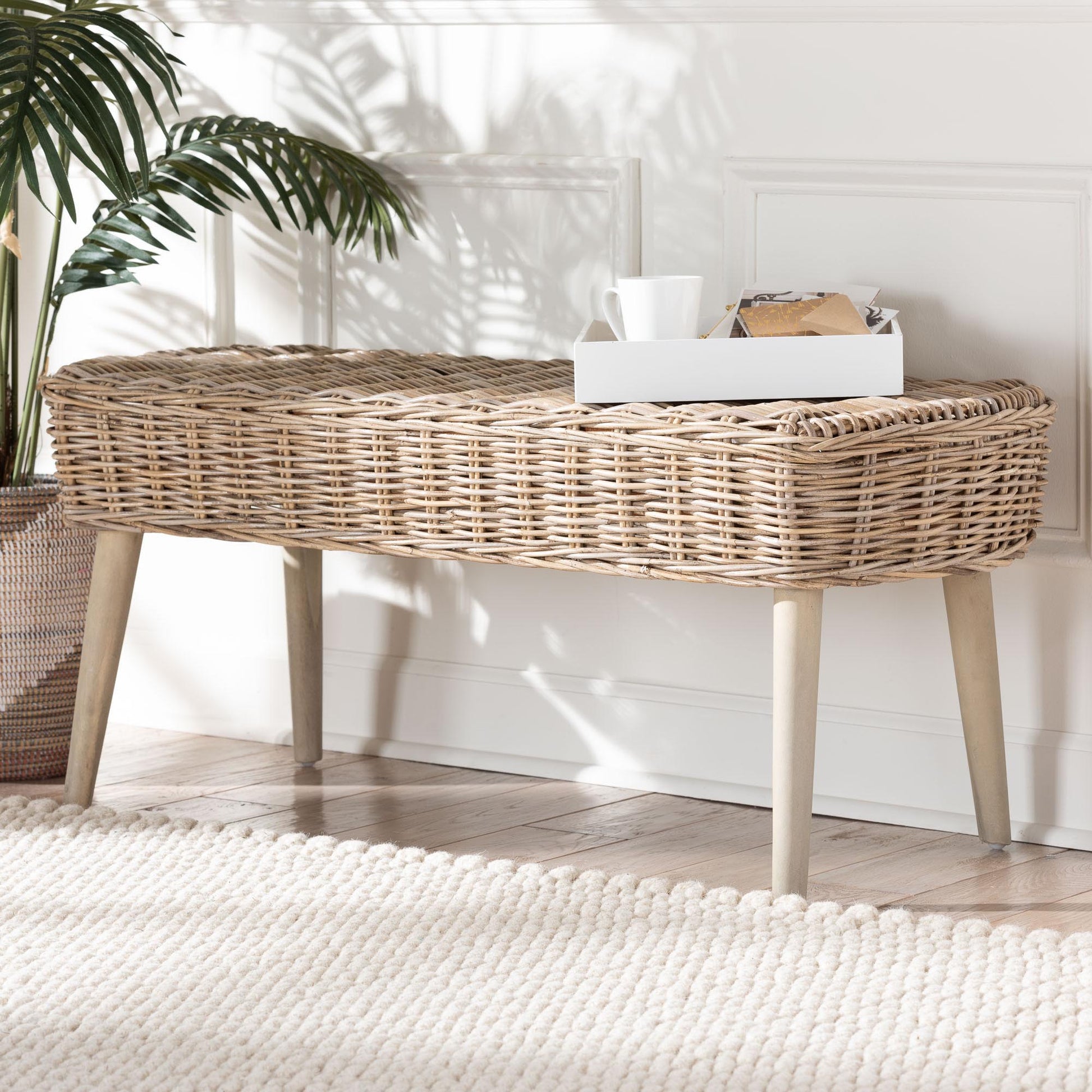 Baxton Studio bali & pari Raisa Modern Bohemian Natural Kubu Rattan and Grey Acacia Wood Accent Bench | Benches | Modishstore