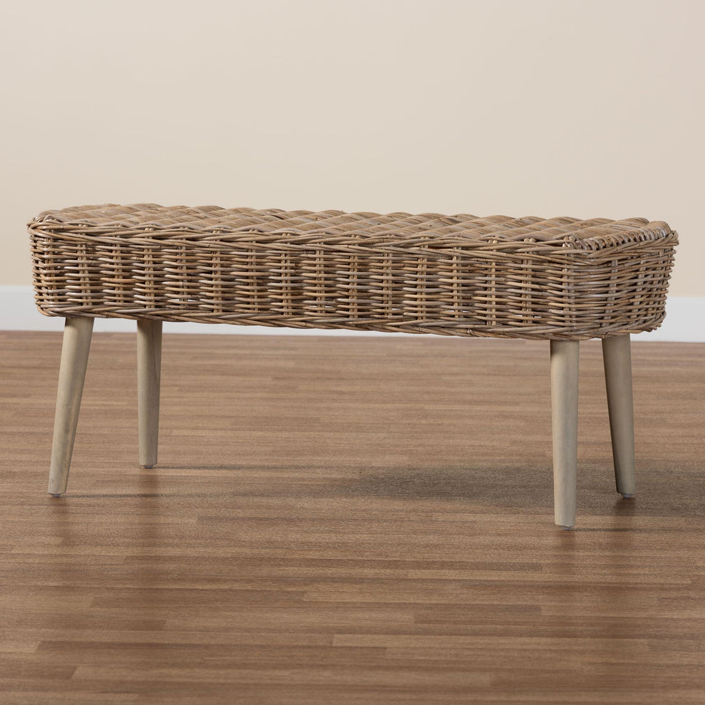 Baxton Studio bali & pari Raisa Modern Bohemian Natural Kubu Rattan and Grey Acacia Wood Accent Bench | Benches | Modishstore - 9