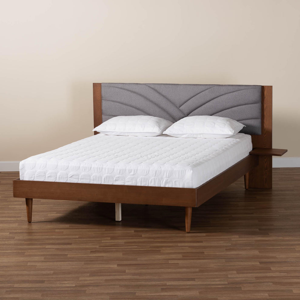 Baxton Studio Hemera Mid-Century Modern Grey Fabric and Walnut Brown Wood King Size Platform Bed With Floating Side Table | Beds | Modishstore - 2