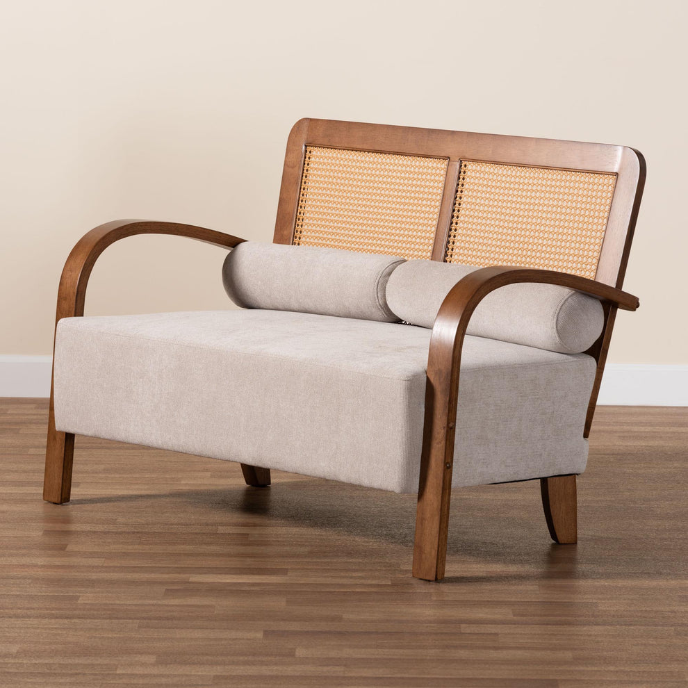 Baxton Studio Sage Modern Japandi Light Grey Fabric and Walnut Brown Finished Wood Loveseat with Woven Rattan | Loveseats | Modishstore - 9