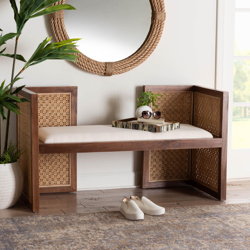 Baxton Studio bali & pari Lovina Bohemian Light Honey Rattan and Acacia Wood Accent Bench | Benches | Modishstore