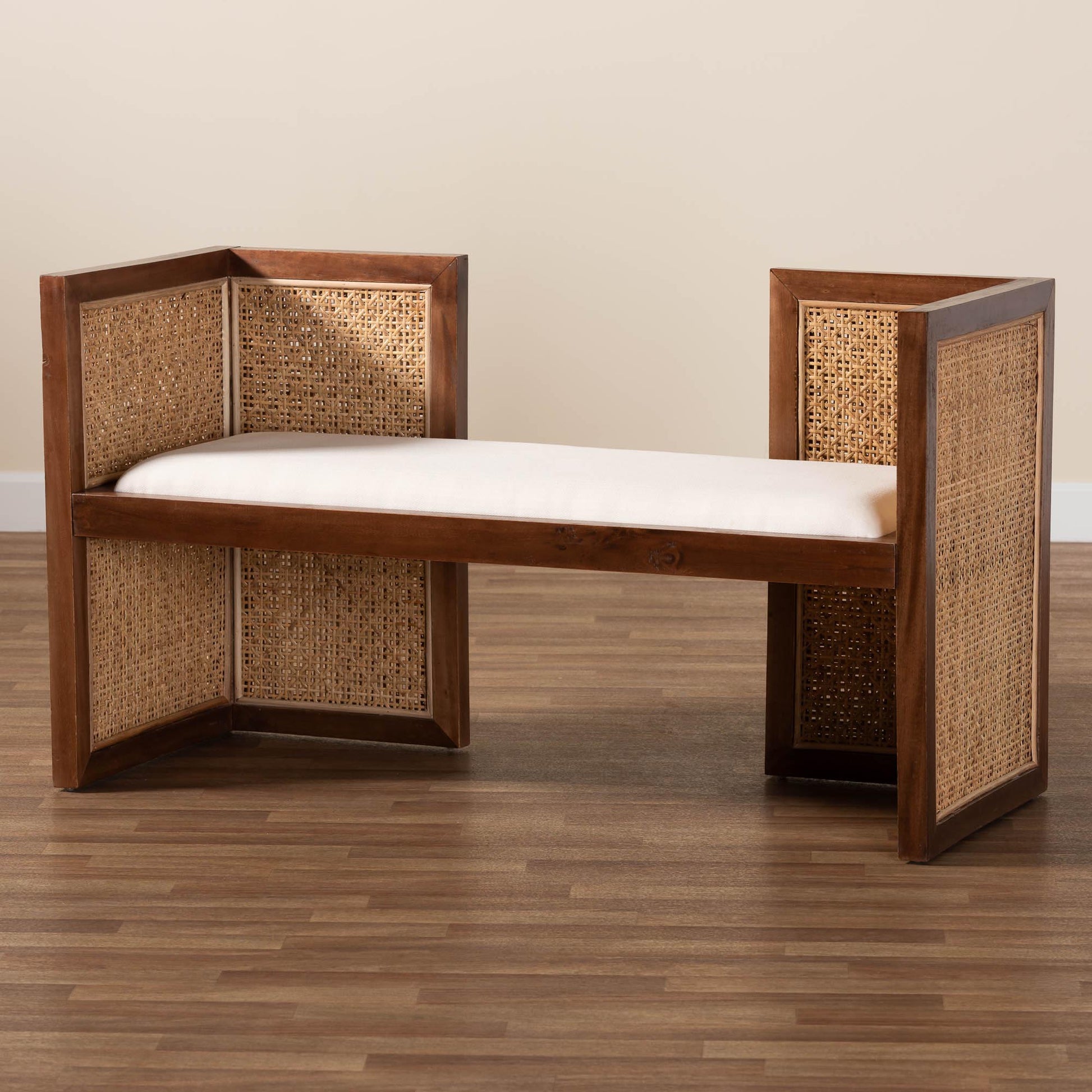 Baxton Studio bali & pari Lovina Bohemian Light Honey Rattan and Acacia Wood Accent Bench | Benches | Modishstore - 2